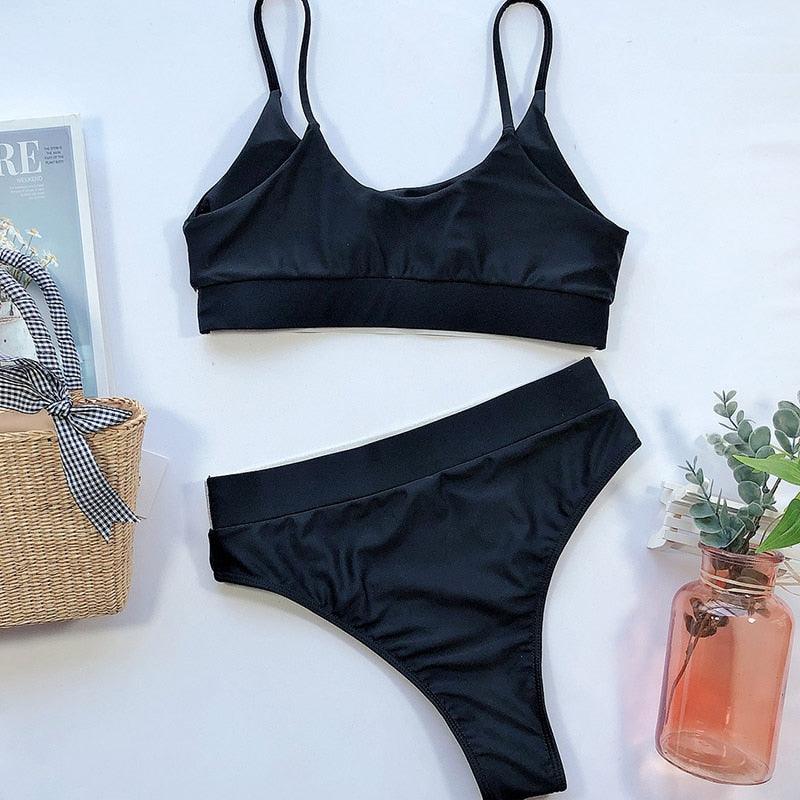Elegant Black High Waist Swimwear Bikini Women's Swimsuits Push Up Shiny Splicing Bikinis High Cut Bathing Suits Women Bikini Set Push Up High Waist Swimsuit Two Piece Bathing Suit For Girls Stevvex