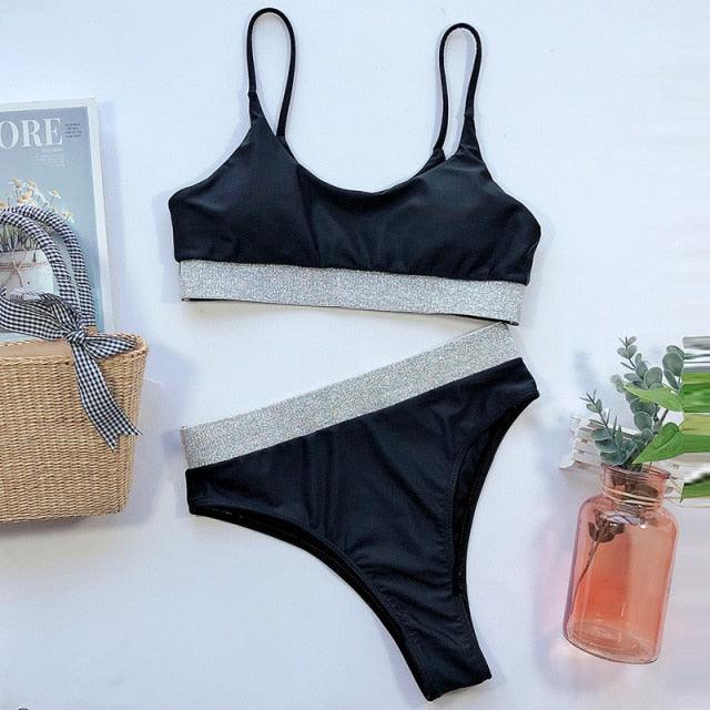 Elegant Black High Waist Swimwear Bikini Women's Swimsuits Push Up Shiny Splicing Bikinis High Cut Bathing Suits Women Bikini Set Push Up High Waist Swimsuit Two Piece Bathing Suit For Girls Stevvex