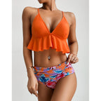 Elegant Black High Waist Two Pieces Bikini Set Women Two Pieces Bathing Suits Ruffled High Waist Bikini Set Swimsuit Female Women Beachwear Swimwear Bather Bathing Suit For Vacation