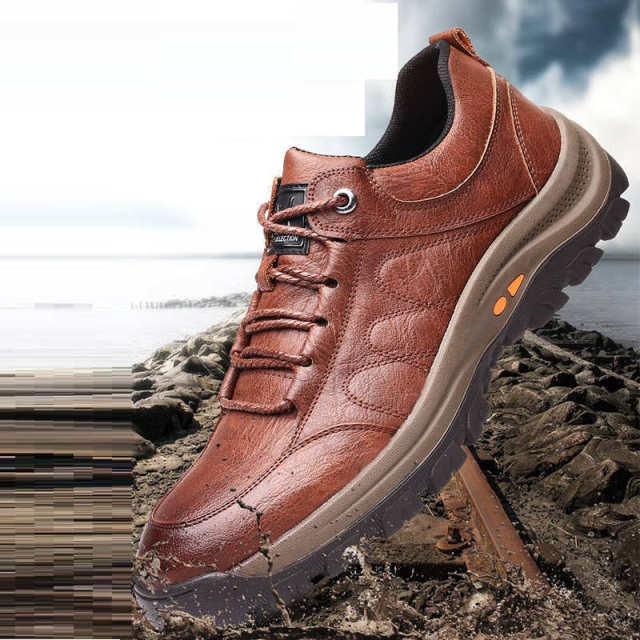 Elegant Black Leather Mens Business Boots Platform Winter Sneakers Without Lace Safety Shoe Quick-Drying Tactical Shoe Comfortable Sneaker Hiker Lightweight Ankle Motorcycle Mountain Running Short Boot Stevvex