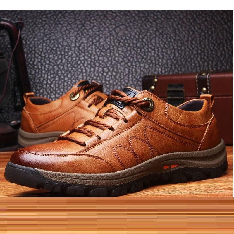 Elegant Black Leather Mens Business Boots Platform Winter Sneakers Without Lace Safety Shoe Quick-Drying Tactical Shoe Comfortable Sneaker Hiker Lightweight Ankle Motorcycle Mountain Running Short Boot Stevvex