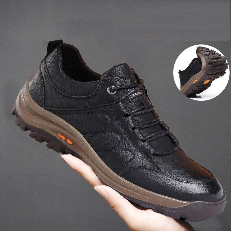 Elegant Black Leather Mens Business Boots Platform Winter Sneakers Without Lace Safety Shoe Quick-Drying Tactical Shoe Comfortable Sneaker Hiker Lightweight Ankle Motorcycle Mountain Running Short Boot Stevvex
