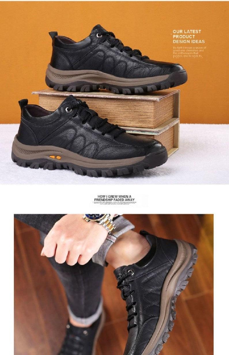 Elegant Black Leather Mens Business Boots Platform Winter Sneakers Without Lace Safety Shoe Quick-Drying Tactical Shoe Comfortable Sneaker Hiker Lightweight Ankle Motorcycle Mountain Running Short Boot Stevvex