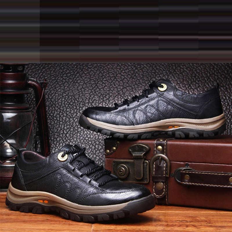 Elegant Black Leather Mens Business Boots Platform Winter Sneakers Without Lace Safety Shoe Quick-Drying Tactical Shoe Comfortable Sneaker Hiker Lightweight Ankle Motorcycle Mountain Running Short Boot Stevvex
