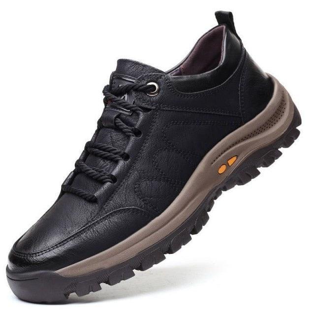 Elegant Black Leather Mens Business Boots Platform Winter Sneakers Without Lace Safety Shoe Quick-Drying Tactical Shoe Comfortable Sneaker Hiker Lightweight Ankle Motorcycle Mountain Running Short Boot Stevvex