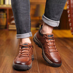 Elegant Black Leather Mens Business Boots Platform Winter Sneakers Without Lace Safety Shoe Quick-Drying Tactical Shoe Comfortable Sneaker Hiker Lightweight Ankle Motorcycle Mountain Running Short Boot Stevvex