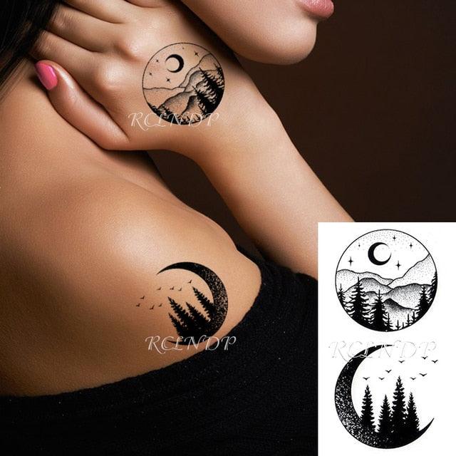 Elegant Black Waterproof Temporary Tattoo Stickers Moon Hill Modern Body Art Stickers Hand Foot High Quality For Womens Stevvex