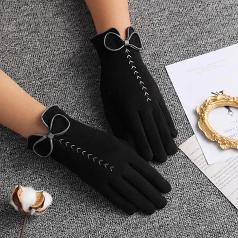 Elegant Black Winter Women Outdoor Warm One Size Gloves Fashionable Cute Bow Style Casual Gloves For Women Stevvex