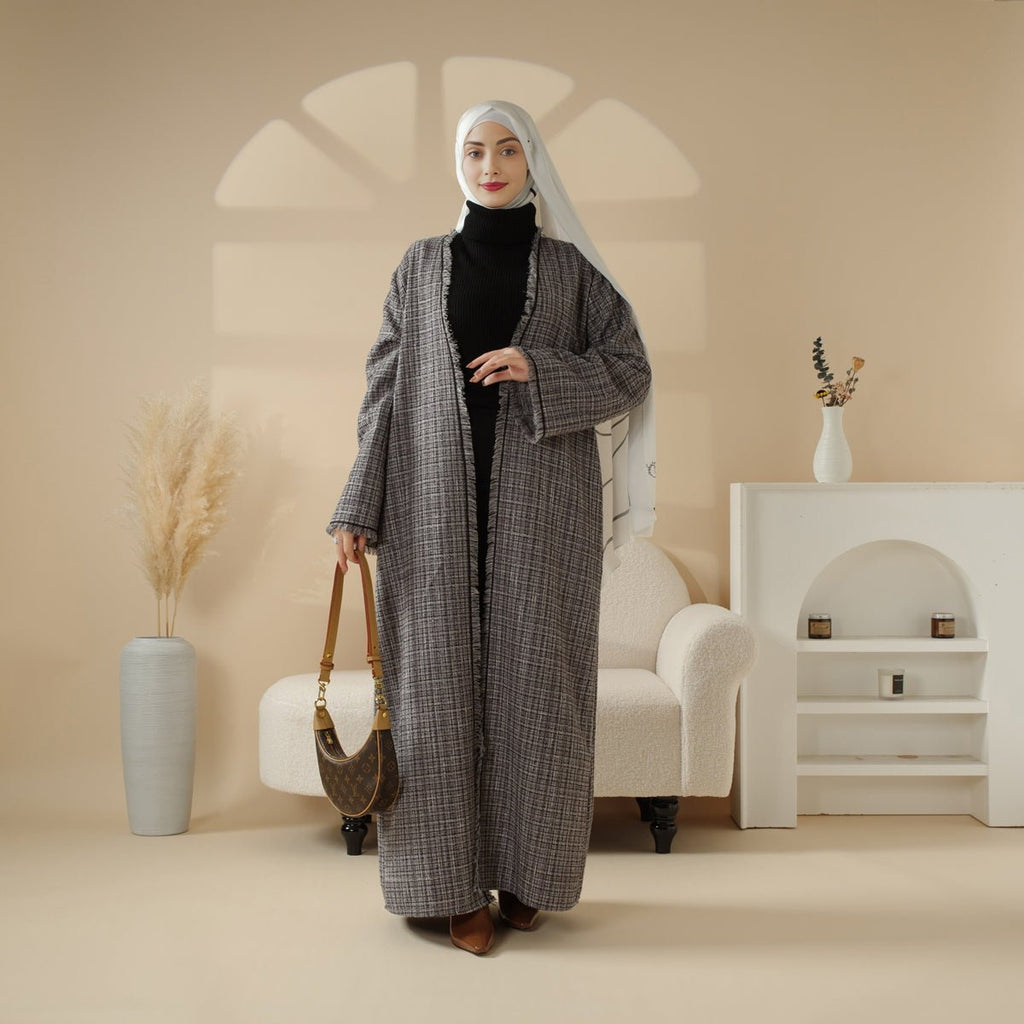 Plaid Tweed Open Abaya Coat with Fringe Details (MOA104)