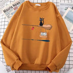 Elegant Cute Cat Print Sweatshirts Women Casual Crewneck Sportswear Fleece Warm Fleece Sweatshirt Loose Autumn Clothes Casual Women's Printed Hooded Sweatshirt Loose Tunic Blouse Top Utility Pockets Ladies Sweatshirts Stevvex