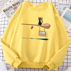 Elegant Cute Cat Print Sweatshirts Women Casual Crewneck Sportswear Fleece Warm Fleece Sweatshirt Loose Autumn Clothes Casual Women's Printed Hooded Sweatshirt Loose Tunic Blouse Top Utility Pockets Ladies Sweatshirts Stevvex
