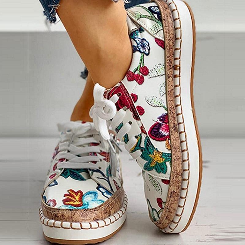 Elegant Floral Womens Sneakers Printed Lace Up Flat Shoes Fashion Round Toe Shoes Women Casual Sneakers Comfortable Tennis Shoes For Walking Stevvex