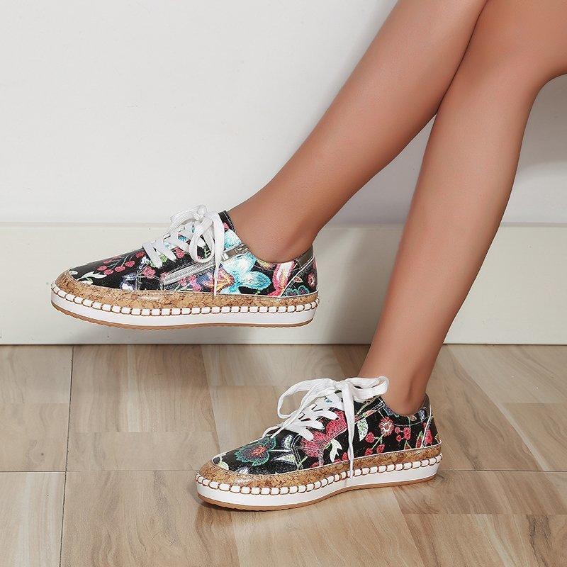 Elegant Floral Womens Sneakers Printed Lace Up Flat Shoes Fashion Round Toe Shoes Women Casual Sneakers Comfortable Tennis Shoes For Walking Stevvex