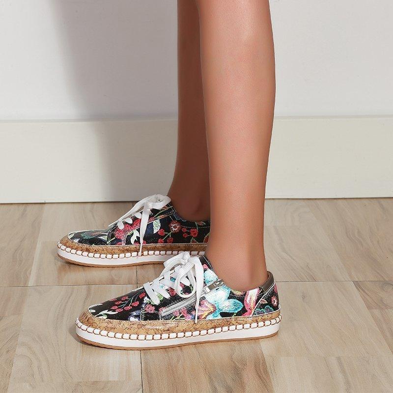 Elegant Floral Womens Sneakers Printed Lace Up Flat Shoes Fashion Round Toe Shoes Women Casual Sneakers Comfortable Tennis Shoes For Walking Stevvex
