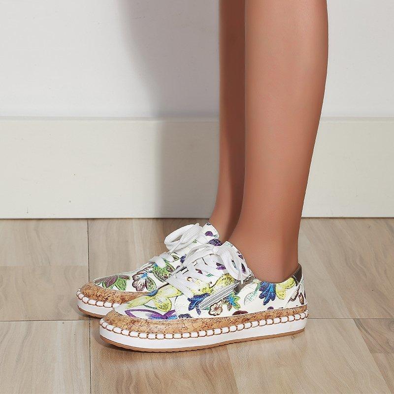 Elegant Floral Womens Sneakers Printed Lace Up Flat Shoes Fashion Round Toe Shoes Women Casual Sneakers Comfortable Tennis Shoes For Walking Stevvex