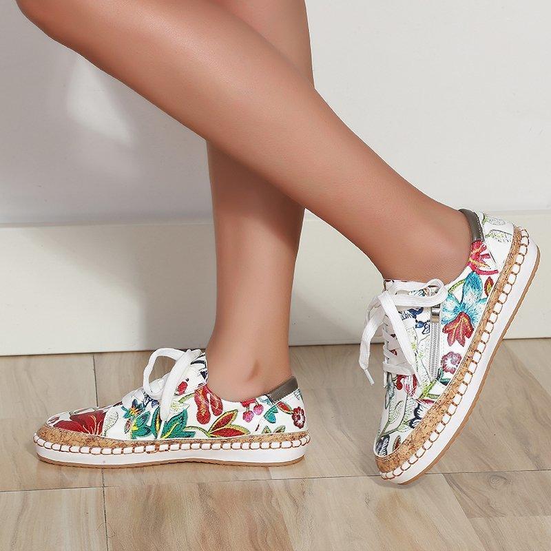 Elegant Floral Womens Sneakers Printed Lace Up Flat Shoes Fashion Round Toe Shoes Women Casual Sneakers Comfortable Tennis Shoes For Walking Stevvex