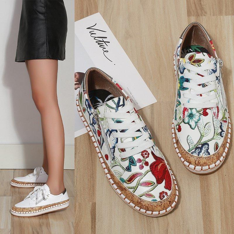 Elegant Floral Womens Sneakers Printed Lace Up Flat Shoes Fashion Round Toe Shoes Women Casual Sneakers Comfortable Tennis Shoes For Walking Stevvex