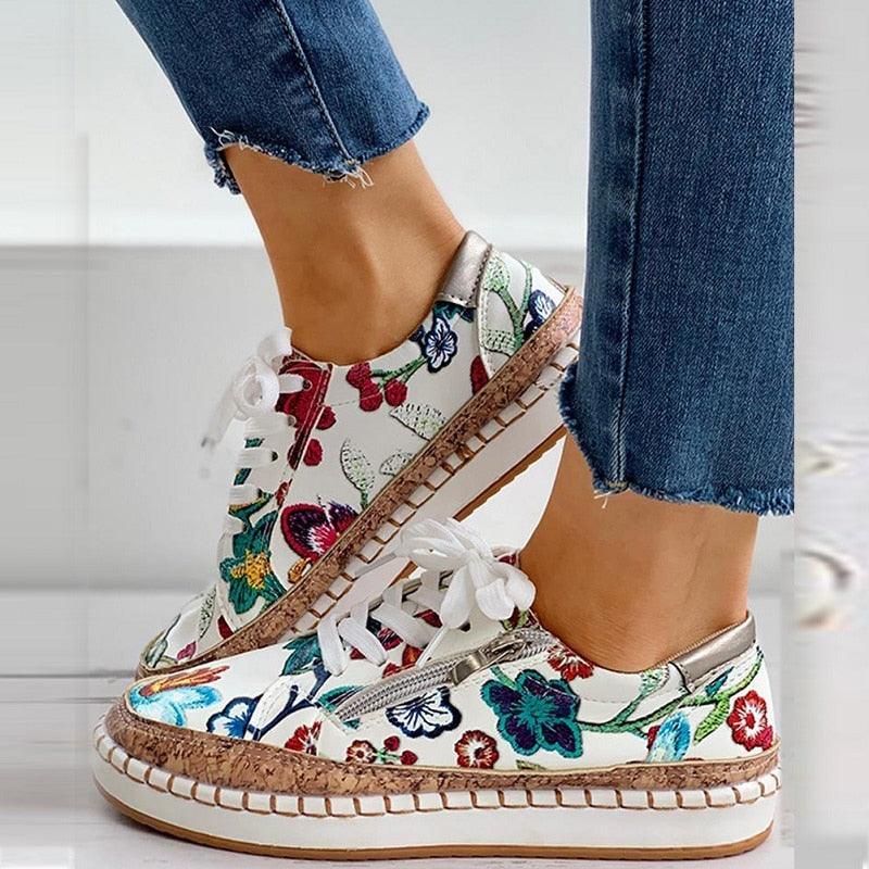 Elegant Floral Womens Sneakers Printed Lace Up Flat Shoes Fashion Round Toe Shoes Women Casual Sneakers Comfortable Tennis Shoes For Walking Stevvex