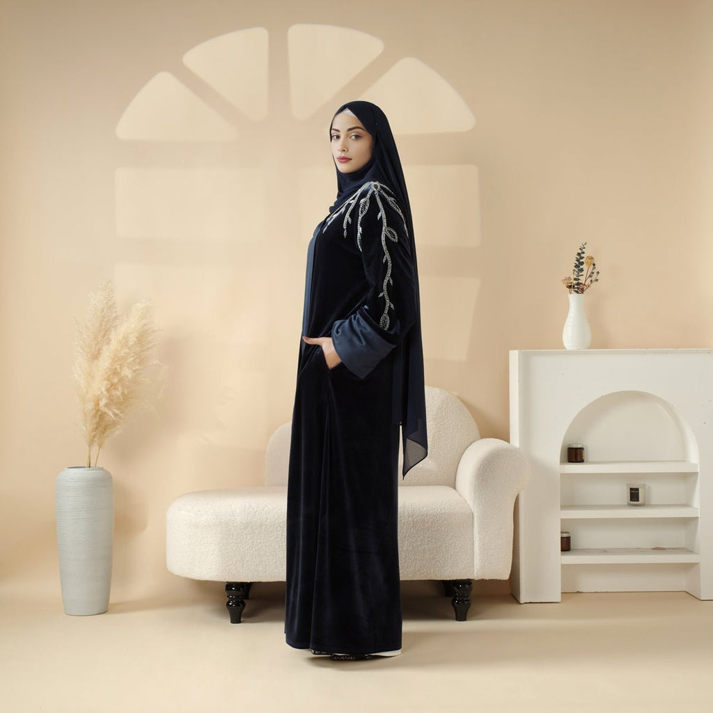 Luxury Velvet Open Abaya | Hand-Stitched Beaded Open Velvet Abaya (MOA106)