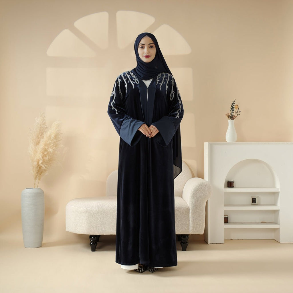 Luxury Velvet Open Abaya | Hand-Stitched Beaded Open Velvet Abaya (MOA106)