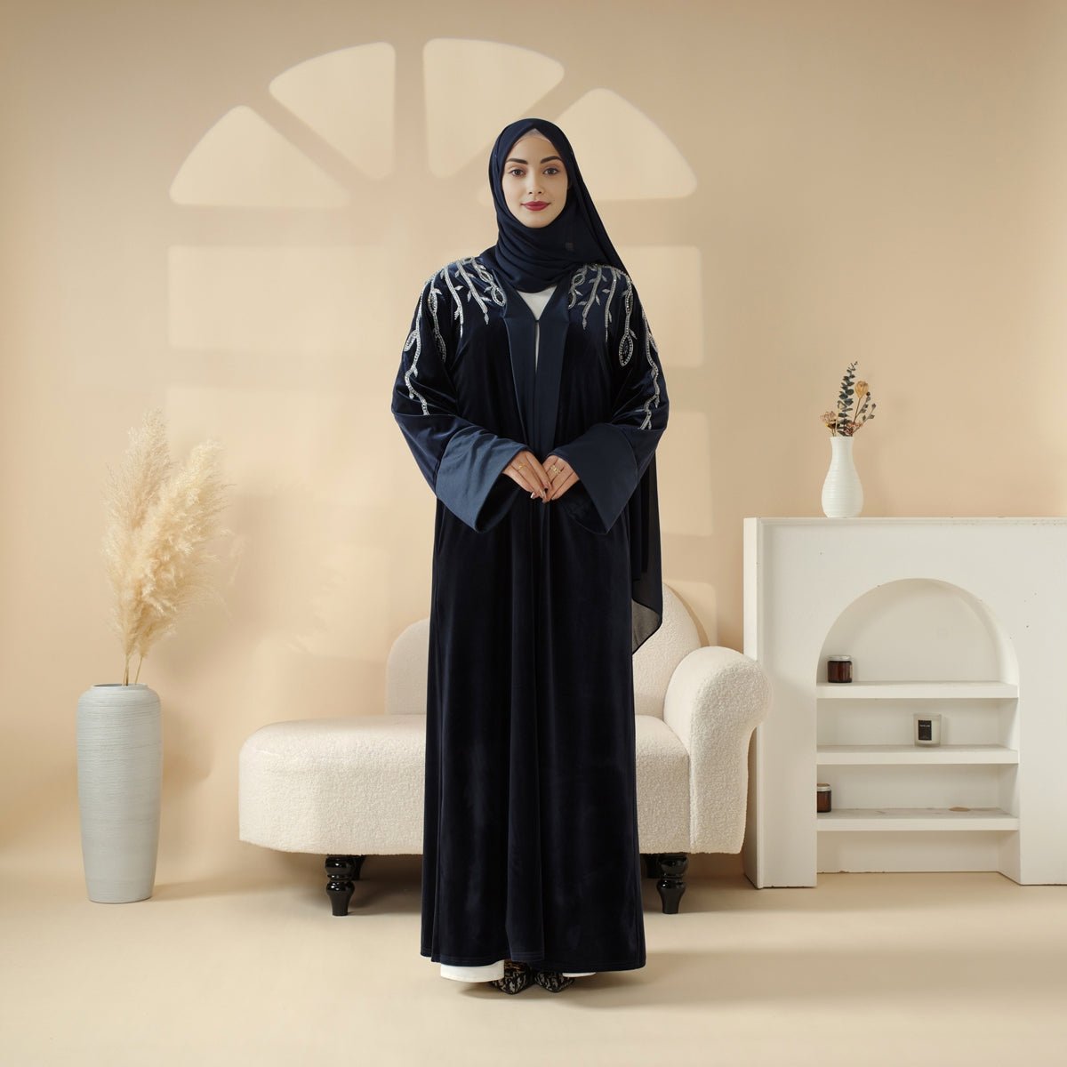 Luxury Velvet Open Abaya | Hand-Stitched Beaded Open Velvet Abaya (MOA106)