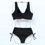Elegant High Waist Bikini Set Push Up Swimwear Women Swimsuits New Black Bathing Suit Twist Women's High Waist Bikini Twist Front Tie Back 2 Piece Lace Up Summer Swimsuits Stevvex