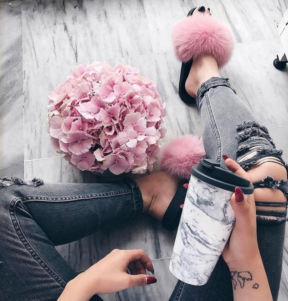 Elegant Indoor Fur Slippers For Women Fur Slides Flip Flops Beach Plush Fluffy Furry Slippers Furry Fuzzy Slides Open Toe Fluffy Slides Fox Fur Feather Sandals Fur Slip On Shoes For Women Stevvex