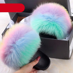 Elegant Indoor Fur Slippers For Women Fur Slides Flip Flops Beach Plush Fluffy Furry Slippers Furry Fuzzy Slides Open Toe Fluffy Slides Fox Fur Feather Sandals Fur Slip On Shoes For Women Stevvex