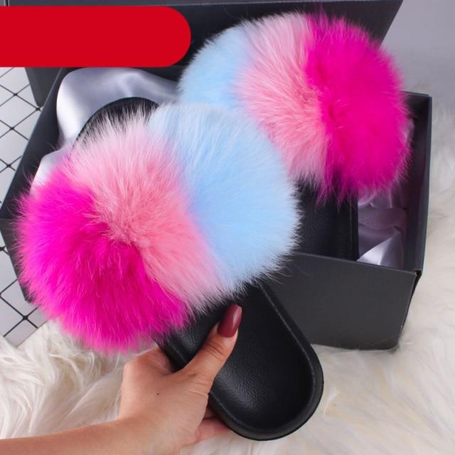 Elegant Indoor Fur Slippers For Women Fur Slides Flip Flops Beach Plush Fluffy Furry Slippers Furry Fuzzy Slides Open Toe Fluffy Slides Fox Fur Feather Sandals Fur Slip On Shoes For Women Stevvex