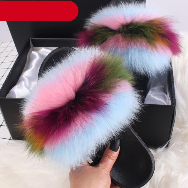 Elegant Indoor Fur Slippers For Women Fur Slides Flip Flops Beach Plush Fluffy Furry Slippers Furry Fuzzy Slides Open Toe Fluffy Slides Fox Fur Feather Sandals Fur Slip On Shoes For Women Stevvex