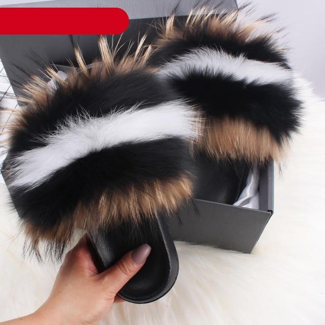Elegant Indoor Fur Slippers For Women Fur Slides Flip Flops Beach Plush Fluffy Furry Slippers Furry Fuzzy Slides Open Toe Fluffy Slides Fox Fur Feather Sandals Fur Slip On Shoes For Women Stevvex