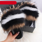 Elegant Indoor Fur Slippers For Women Fur Slides Flip Flops Beach Plush Fluffy Furry Slippers Furry Fuzzy Slides Open Toe Fluffy Slides Fox Fur Feather Sandals Fur Slip On Shoes For Women Stevvex