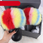 Elegant Indoor Fur Slippers For Women Fur Slides Flip Flops Beach Plush Fluffy Furry Slippers Furry Fuzzy Slides Open Toe Fluffy Slides Fox Fur Feather Sandals Fur Slip On Shoes For Women Stevvex