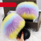 Elegant Indoor Fur Slippers For Women Fur Slides Flip Flops Beach Plush Fluffy Furry Slippers Furry Fuzzy Slides Open Toe Fluffy Slides Fox Fur Feather Sandals Fur Slip On Shoes For Women Stevvex