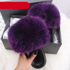 Elegant Indoor Fur Slippers For Women Fur Slides Flip Flops Beach Plush Fluffy Furry Slippers Furry Fuzzy Slides Open Toe Fluffy Slides Fox Fur Feather Sandals Fur Slip On Shoes For Women Stevvex