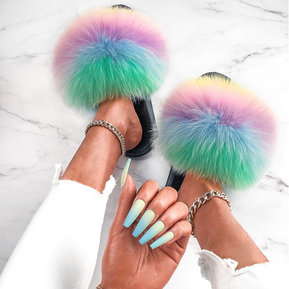 Elegant Indoor Fur Slippers For Women Fur Slides Flip Flops Beach Plush Fluffy Furry Slippers Furry Fuzzy Slides Open Toe Fluffy Slides Fox Fur Feather Sandals Fur Slip On Shoes For Women Stevvex
