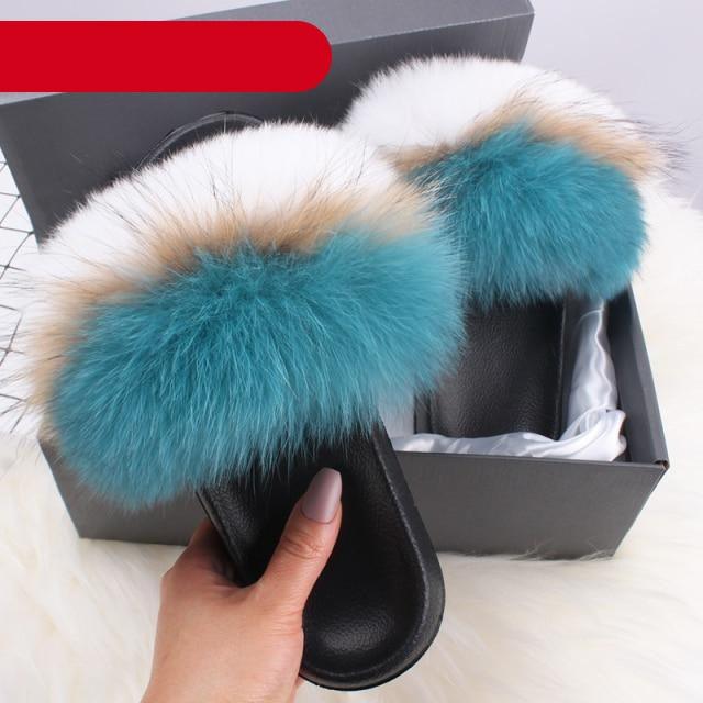 Elegant Indoor Fur Slippers For Women Fur Slides Flip Flops Beach Plush Fluffy Furry Slippers Furry Fuzzy Slides Open Toe Fluffy Slides Fox Fur Feather Sandals Fur Slip On Shoes For Women Stevvex