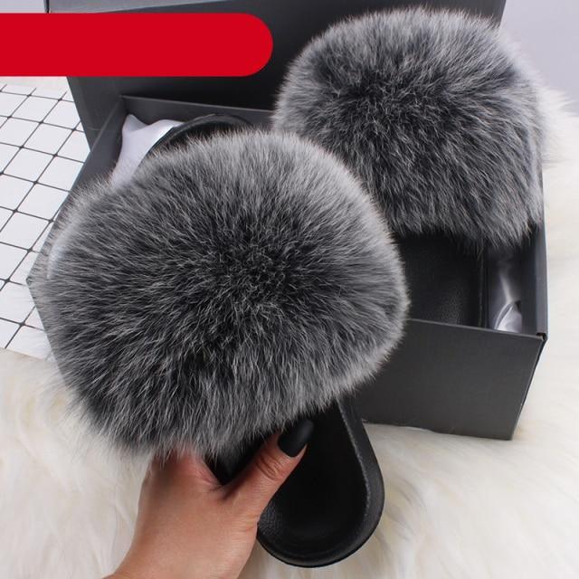 Elegant Indoor Fur Slippers For Women Fur Slides Flip Flops Beach Plush Fluffy Furry Slippers Furry Fuzzy Slides Open Toe Fluffy Slides Fox Fur Feather Sandals Fur Slip On Shoes For Women Stevvex