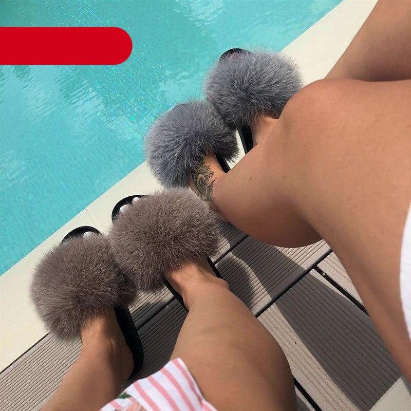 Elegant Indoor Fur Slippers For Women Fur Slides Flip Flops Beach Plush Fluffy Furry Slippers Furry Fuzzy Slides Open Toe Fluffy Slides Fox Fur Feather Sandals Fur Slip On Shoes For Women Stevvex