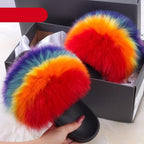 Elegant Indoor Fur Slippers For Women Fur Slides Flip Flops Beach Plush Fluffy Furry Slippers Furry Fuzzy Slides Open Toe Fluffy Slides Fox Fur Feather Sandals Fur Slip On Shoes For Women Stevvex