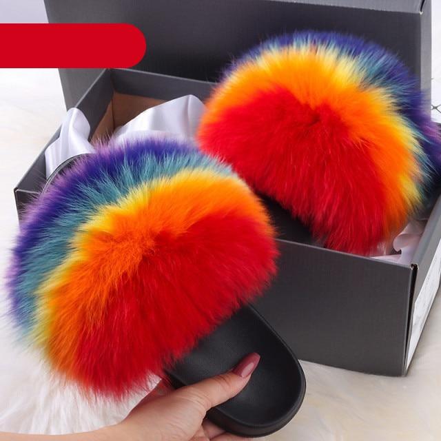 Elegant Indoor Fur Slippers For Women Fur Slides Flip Flops Beach Plush Fluffy Furry Slippers Furry Fuzzy Slides Open Toe Fluffy Slides Fox Fur Feather Sandals Fur Slip On Shoes For Women Stevvex