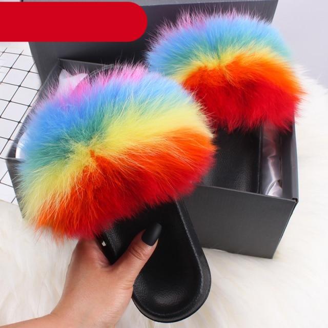 Elegant Indoor Fur Slippers For Women Fur Slides Flip Flops Beach Plush Fluffy Furry Slippers Furry Fuzzy Slides Open Toe Fluffy Slides Fox Fur Feather Sandals Fur Slip On Shoes For Women Stevvex