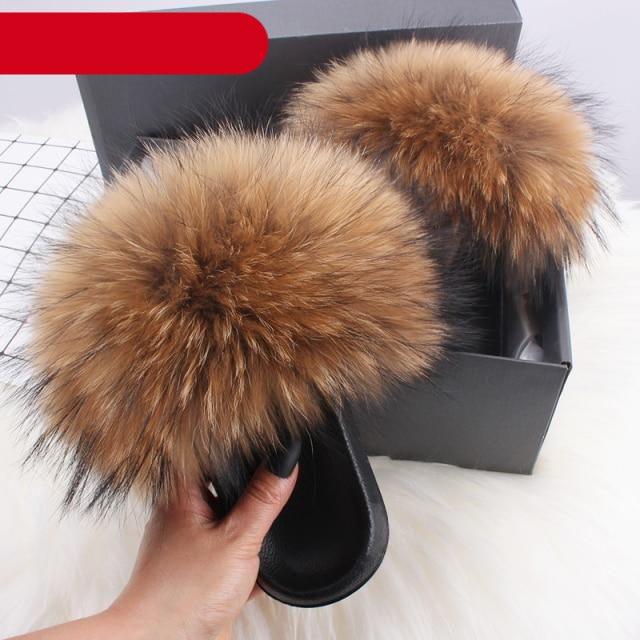Elegant Indoor Fur Slippers For Women Fur Slides Flip Flops Beach Plush Fluffy Furry Slippers Furry Fuzzy Slides Open Toe Fluffy Slides Fox Fur Feather Sandals Fur Slip On Shoes For Women Stevvex