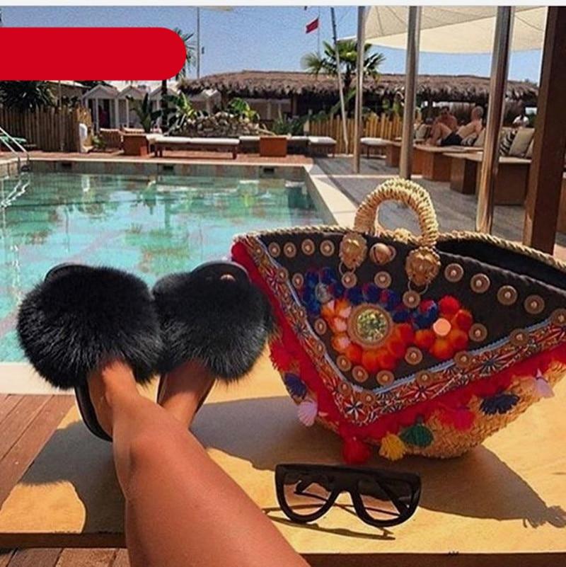 Elegant Indoor Fur Slippers For Women Fur Slides Flip Flops Beach Plush Fluffy Furry Slippers Furry Fuzzy Slides Open Toe Fluffy Slides Fox Fur Feather Sandals Fur Slip On Shoes For Women Stevvex