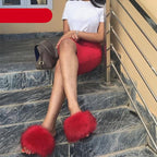 Elegant Indoor Fur Slippers For Women Fur Slides Flip Flops Beach Plush Fluffy Furry Slippers Furry Fuzzy Slides Open Toe Fluffy Slides Fox Fur Feather Sandals Fur Slip On Shoes For Women Stevvex