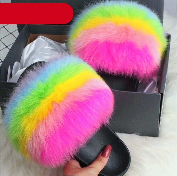 Elegant Indoor Fur Slippers For Women Fur Slides Flip Flops Beach Plush Fluffy Furry Slippers Furry Fuzzy Slides Open Toe Fluffy Slides Fox Fur Feather Sandals Fur Slip On Shoes For Women Stevvex