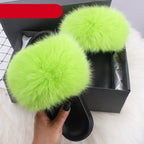 Elegant Indoor Fur Slippers For Women Fur Slides Flip Flops Beach Plush Fluffy Furry Slippers Furry Fuzzy Slides Open Toe Fluffy Slides Fox Fur Feather Sandals Fur Slip On Shoes For Women Stevvex