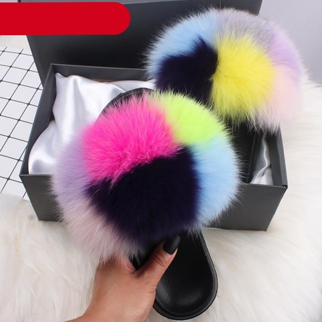 Elegant Indoor Fur Slippers For Women Fur Slides Flip Flops Beach Plush Fluffy Furry Slippers Furry Fuzzy Slides Open Toe Fluffy Slides Fox Fur Feather Sandals Fur Slip On Shoes For Women Stevvex
