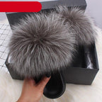 Elegant Indoor Fur Slippers For Women Fur Slides Flip Flops Beach Plush Fluffy Furry Slippers Furry Fuzzy Slides Open Toe Fluffy Slides Fox Fur Feather Sandals Fur Slip On Shoes For Women Stevvex