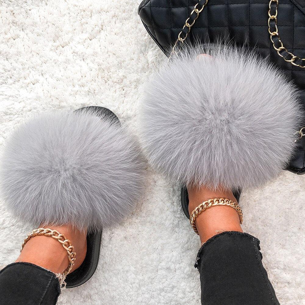 Elegant Indoor Fur Slippers For Women Fur Slides Flip Flops Beach Plush Fluffy Furry Slippers Furry Fuzzy Slides Open Toe Fluffy Slides Fox Fur Feather Sandals Fur Slip On Shoes For Women Stevvex